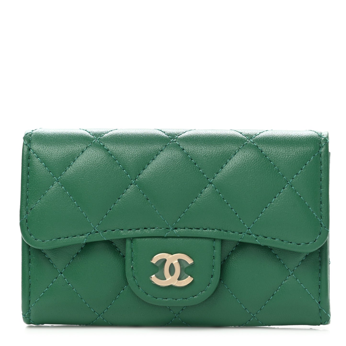 Lambskin Quilted Flap Card Holder Wallet Green