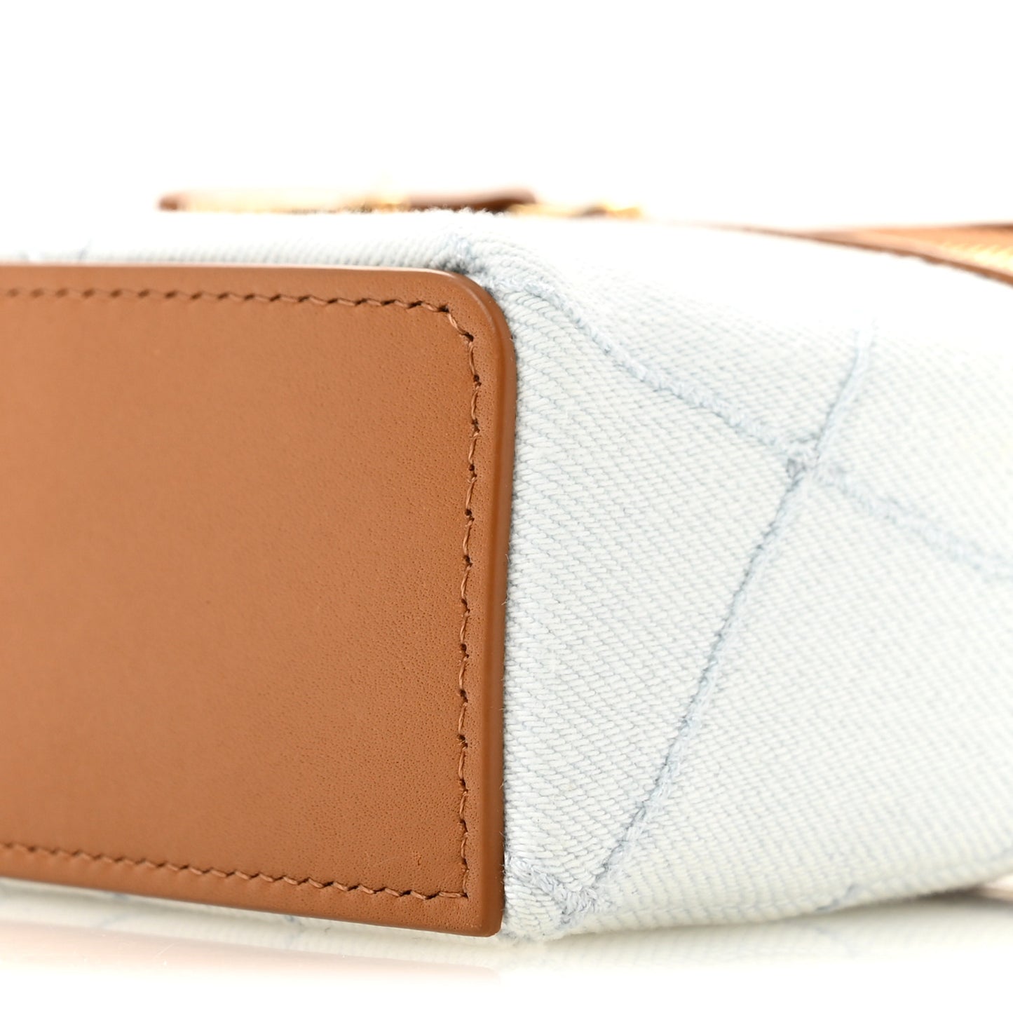 Washed Denim Calfskin Quilted Top Handle Slim Vanity Case With Chain Blue Brown Blue Brown