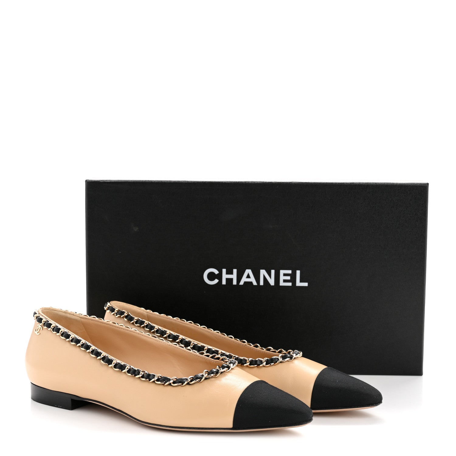 Chanel Lambskin Grosgrain Chain Cap Toe Flats 37.5 Beige Black 11 of 11