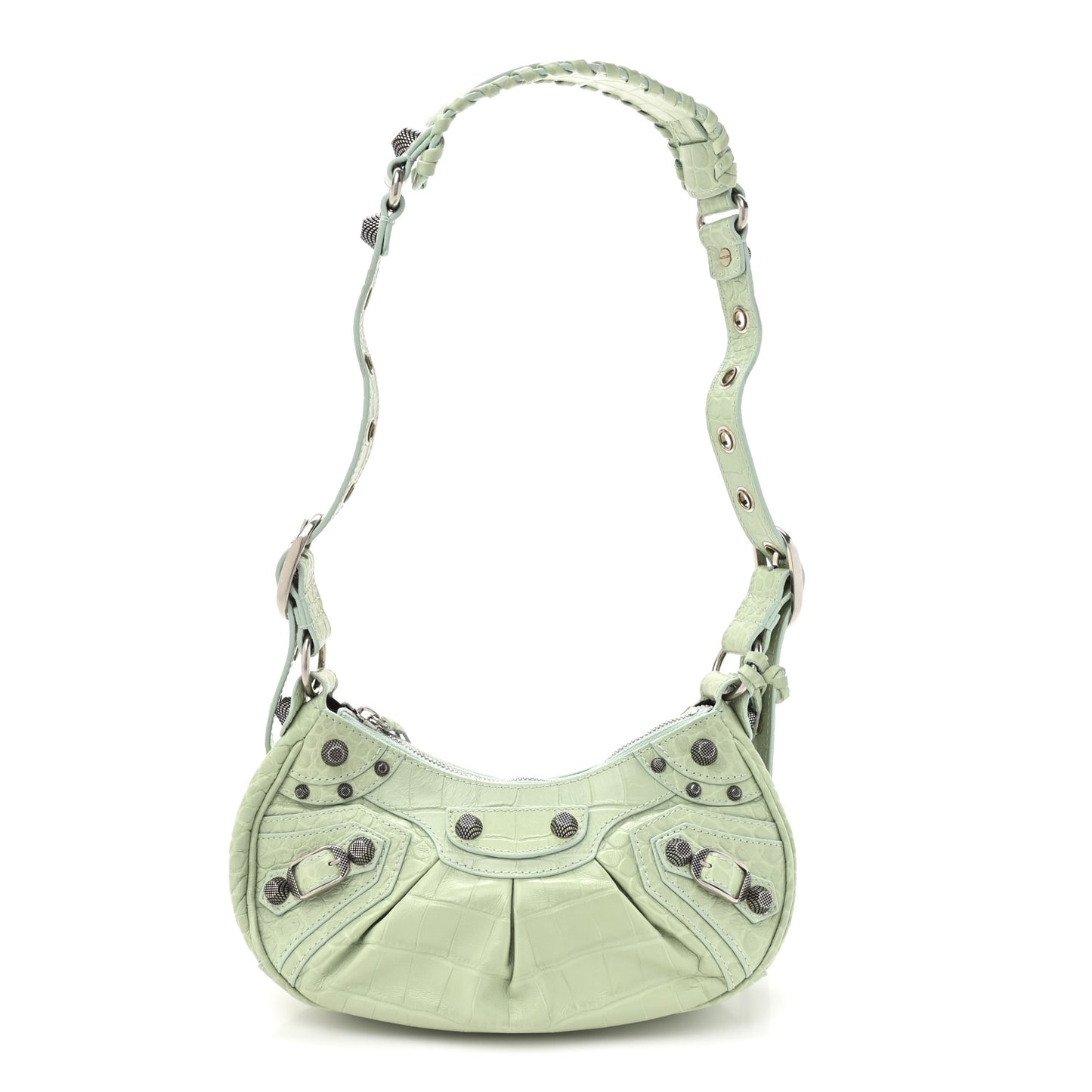 Extra Supple Calfskin Crocodile Embossed Le Cagole Shoulder Bag XS Light Green