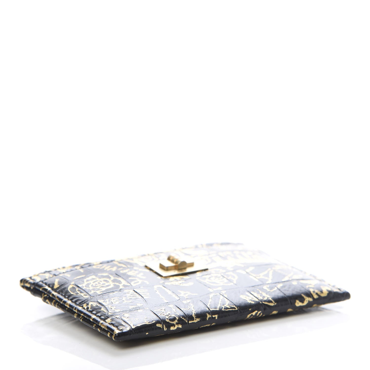 Chanel Calfskin Crocodile Embossed Graffiti 2.55 Cocodile Reissue Card Holder Black Gold 4 of 9