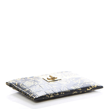 Chanel Calfskin Crocodile Embossed Graffiti 2.55 Cocodile Reissue Card Holder Black Gold 4 of 9