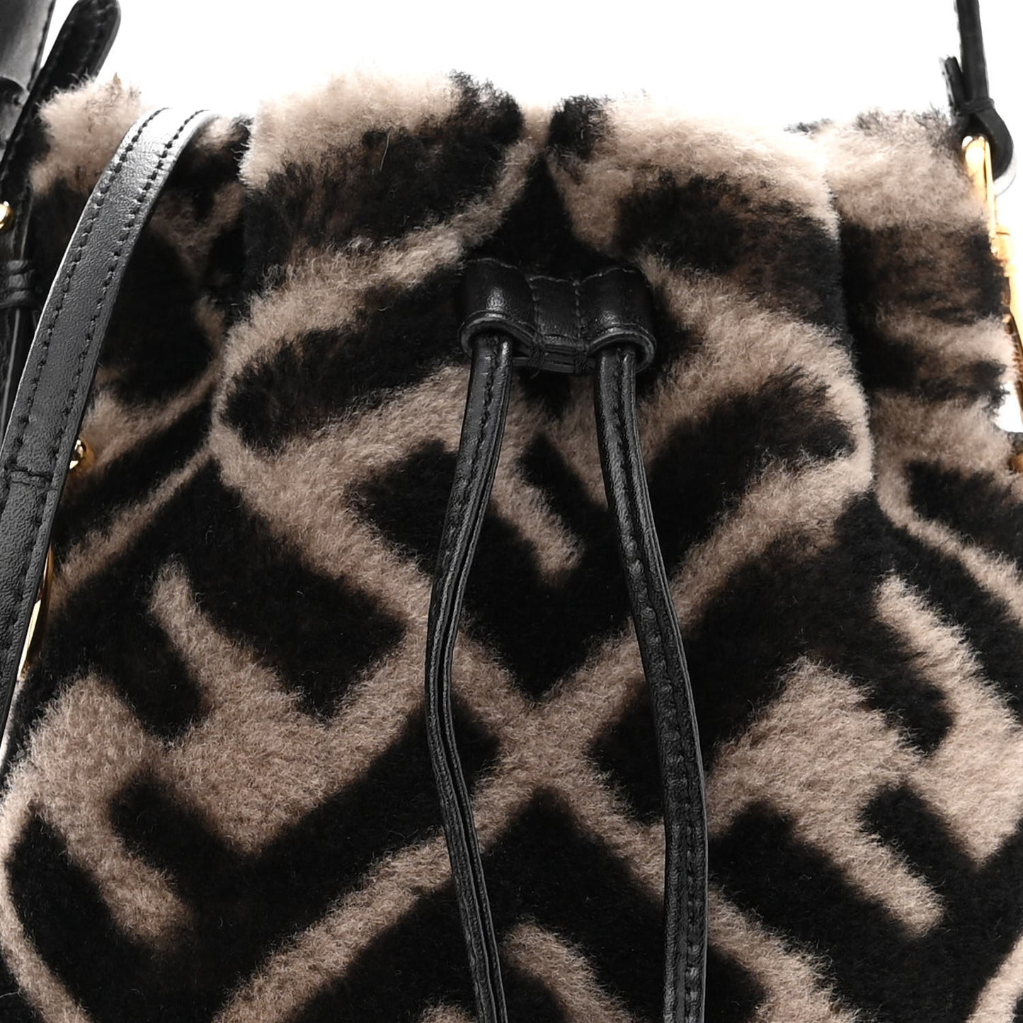 Shearling F is Fendi Macro FF 1974 Diagonal Mini Mon Tresor Bucket Bag Dove Black