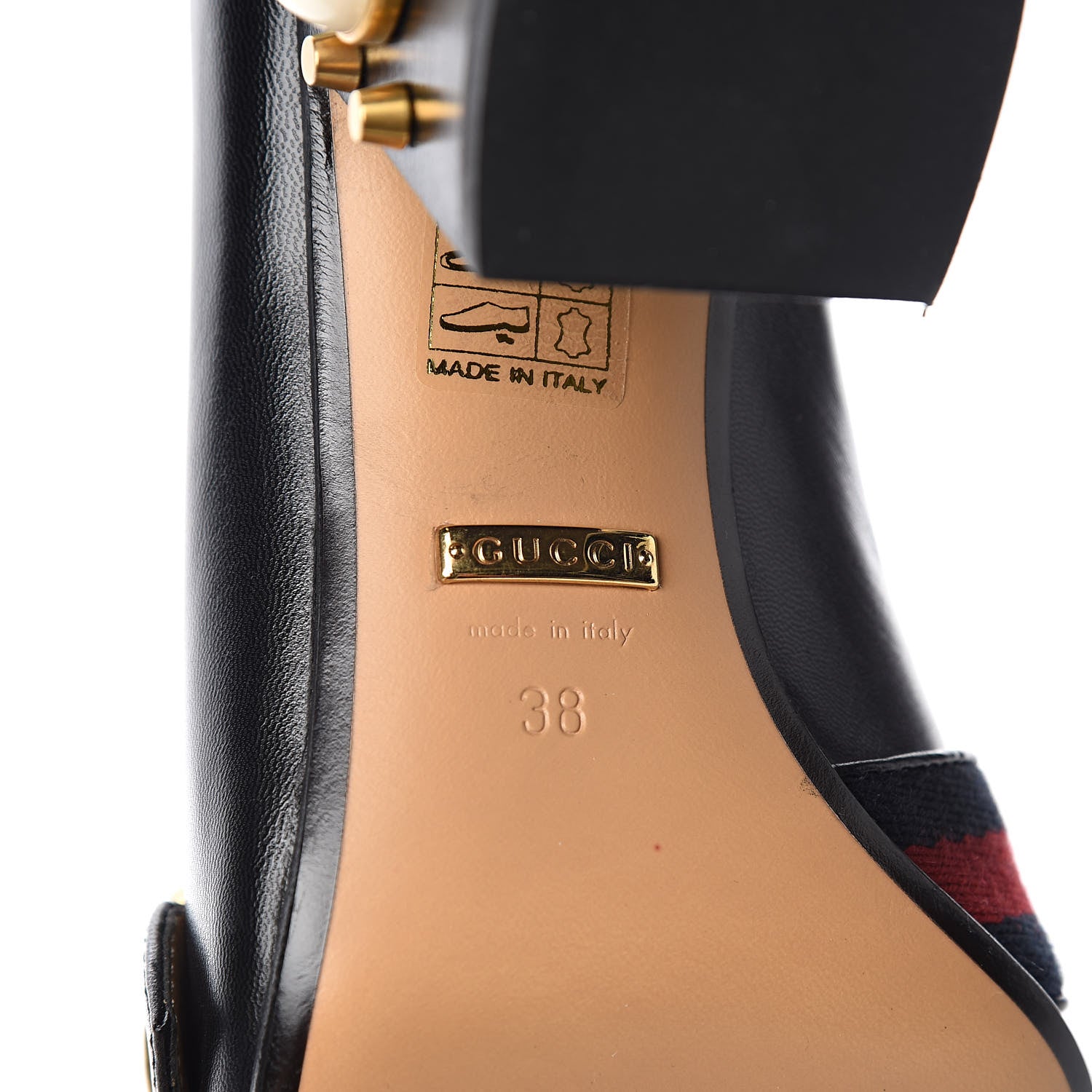 Gucci Malaga Kid Web Pearl Embellished Peyton 75mm Loafer Pumps 38 Black 6 of 9