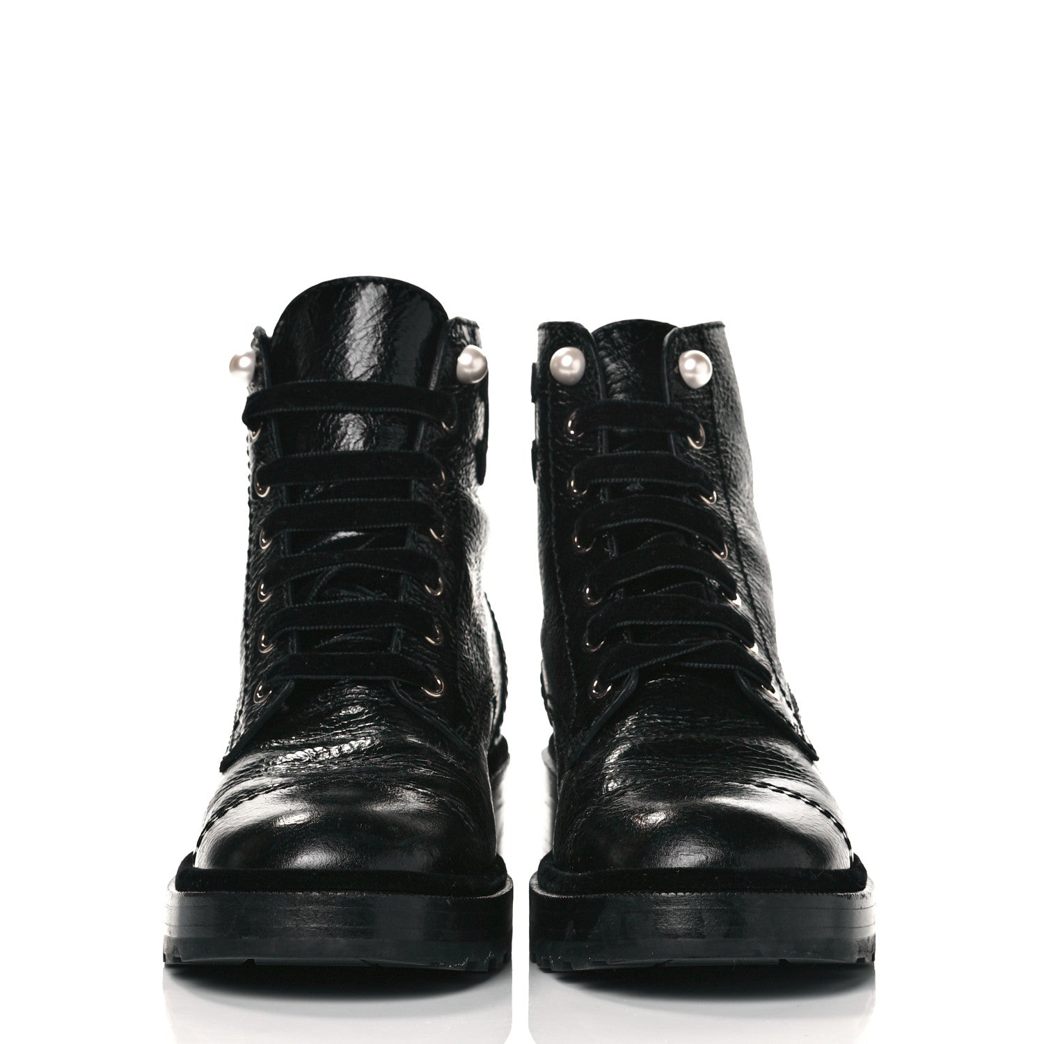 Chanel Shiny Calfskin Velvet Pearl Combat Short Boots 39.5 Black 2 of 8