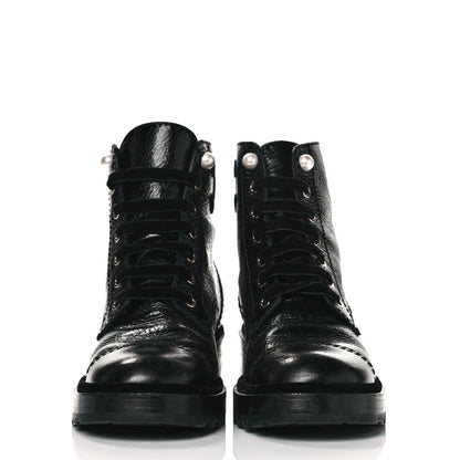 Chanel Shiny Calfskin Velvet Pearl Combat Short Boots 39.5 Black 2 of 8