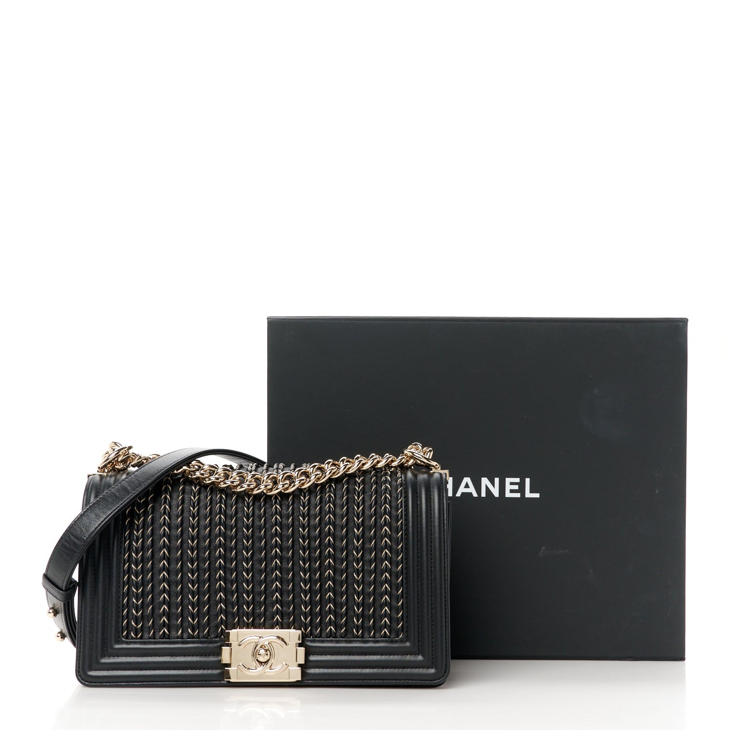 Calfskin Braided Medium Boy Flap Black