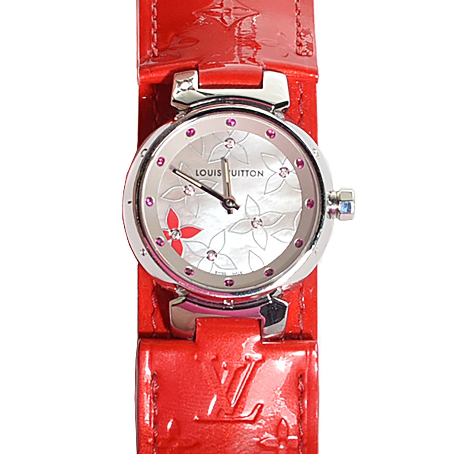 Stainless Steel Vernis Diamond Ruby Mother of Pearl 28mm Tambour Quartz Watch