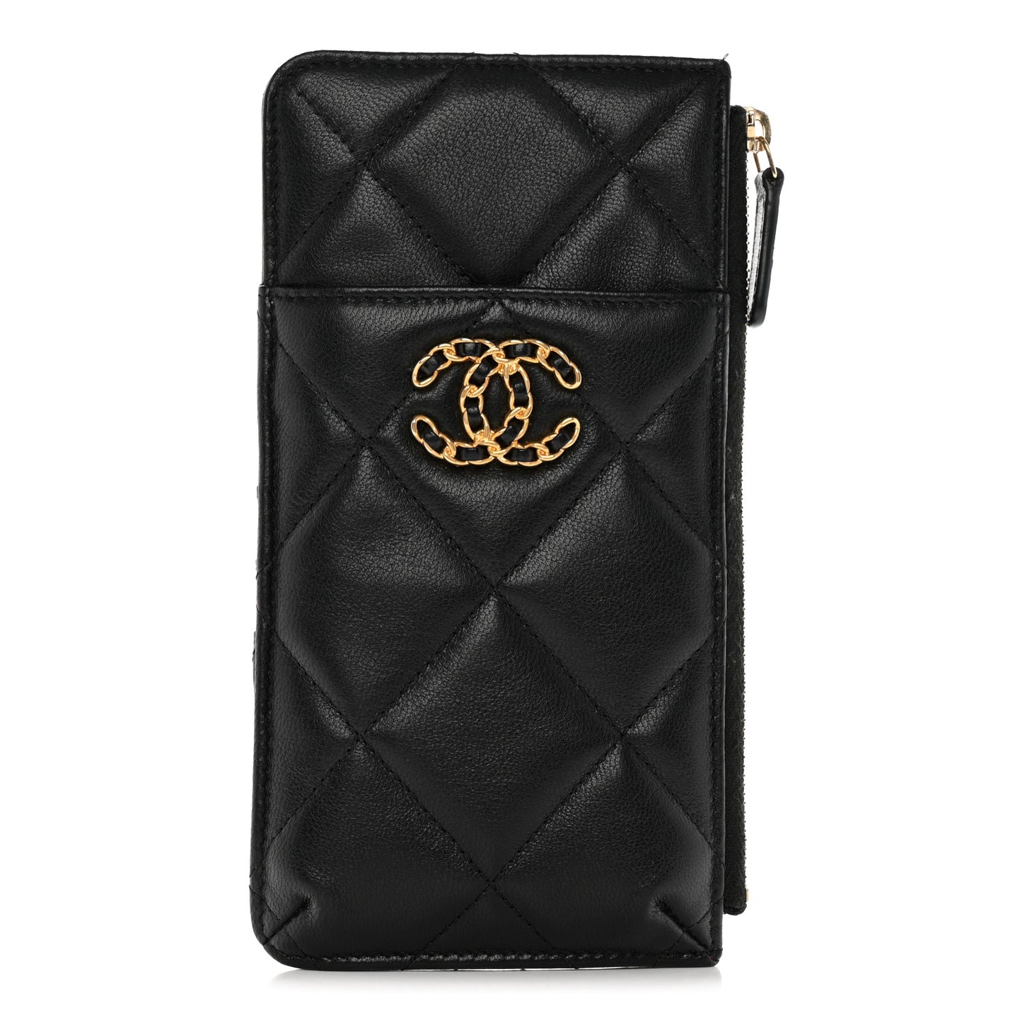 Goatskin Quilted Chanel 19 Phone and Card Holder Black