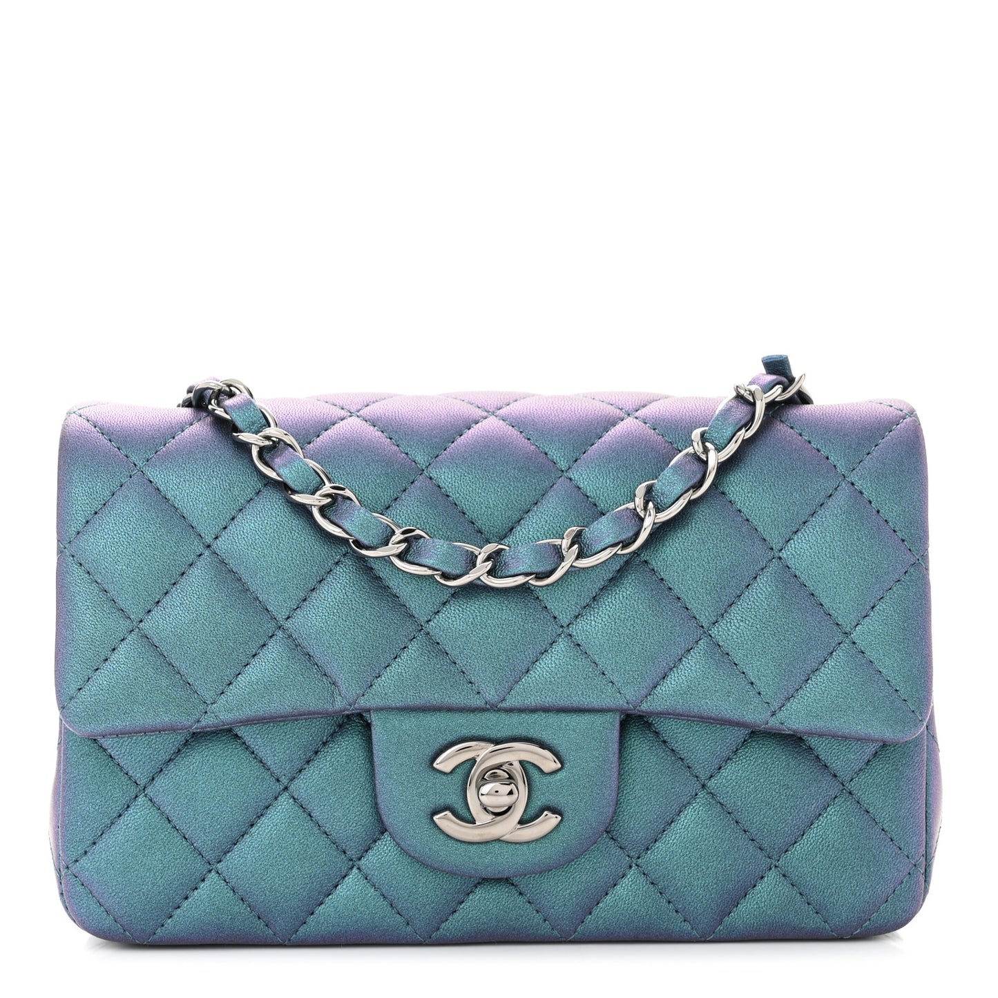 Iridescent Lambskin Quilted Mini Rectangular Flap Turquoise