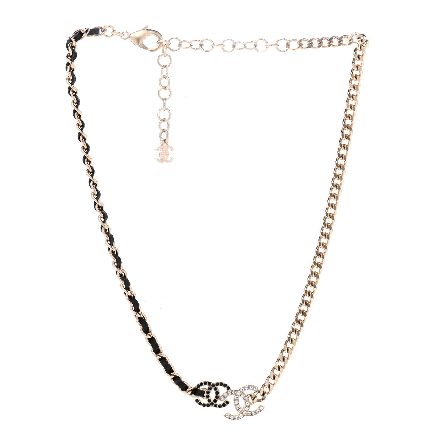 Metal Calfskin Crystal Double CC Short Necklace Black Gold