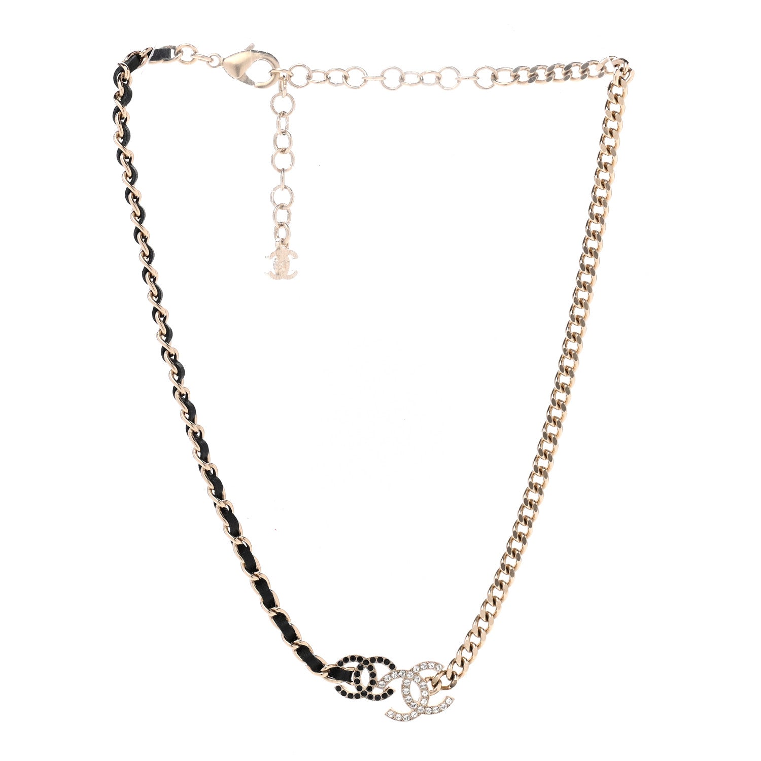 Chanel Metal Calfskin Crystal Double CC Short Necklace Black Gold 3 of 7