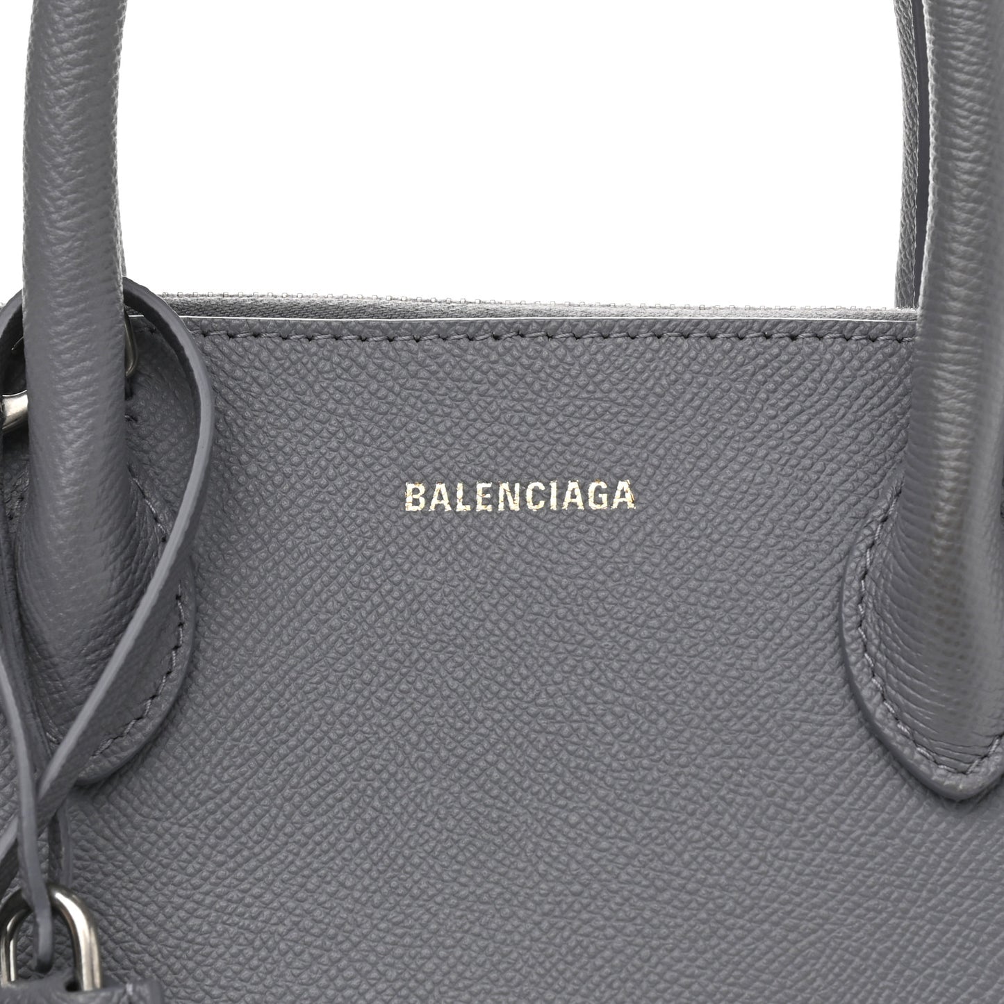Signature Grained Calfskin Logo S Ville Top Handle Bag Gris Perle Fonce White