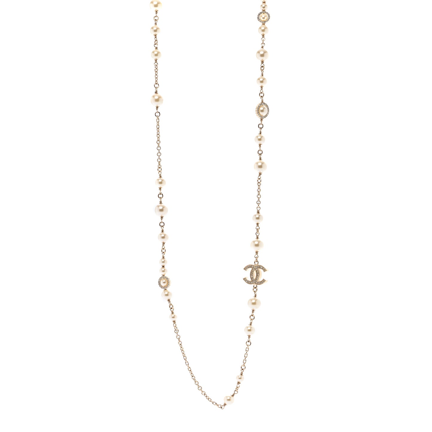 Pearl Crystal CC Long Necklace Gold White