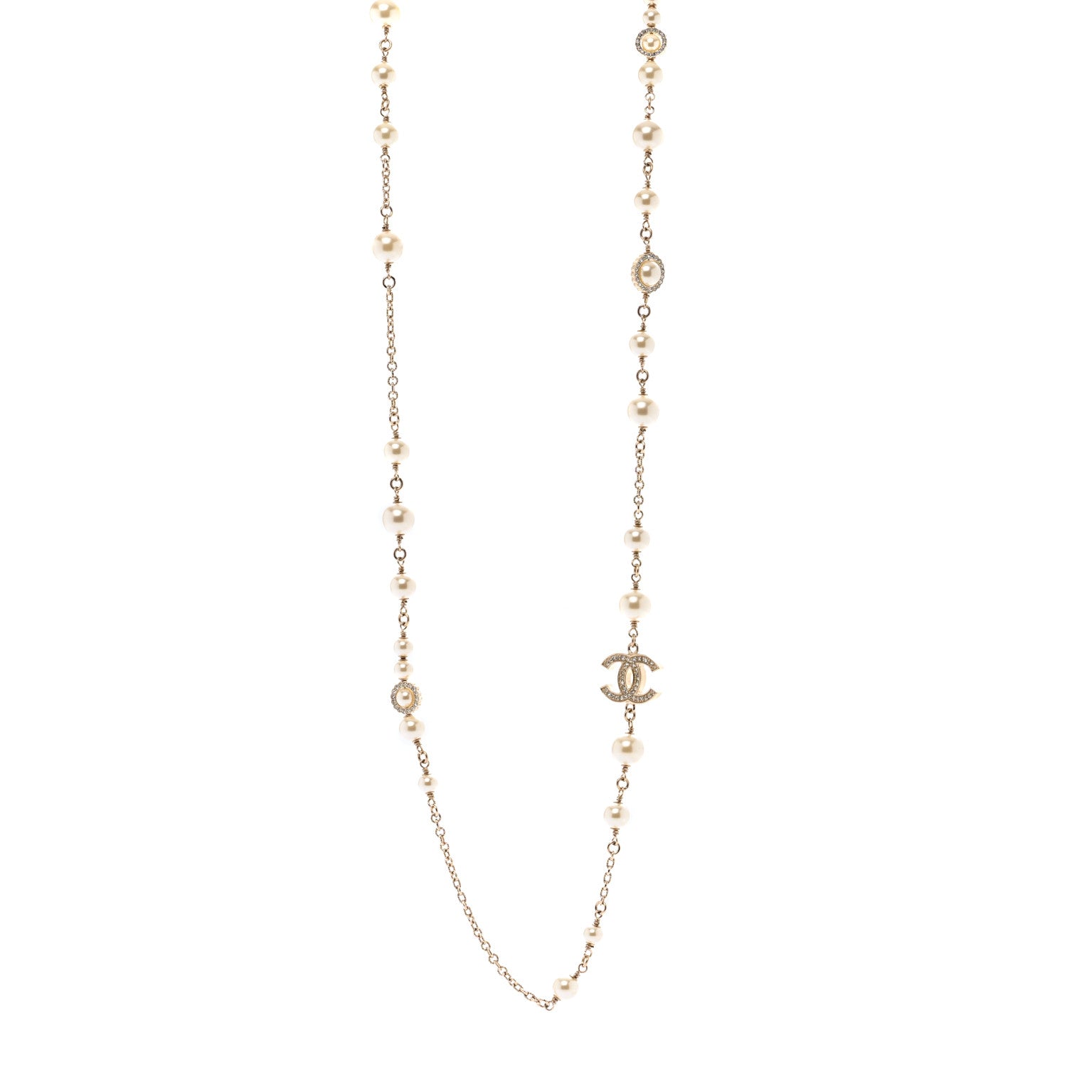 Chanel Pearl Crystal CC Long Necklace Gold White 1 of 5