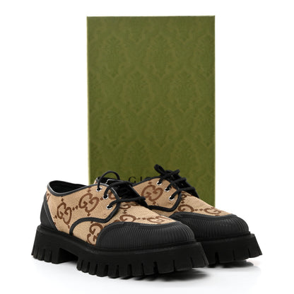 Gucci Monogram Jumbo GG Miro Soft Calfskin Mens Lug Sole Derby Loafers 8.5 Camel Ebony Black 9 of 9