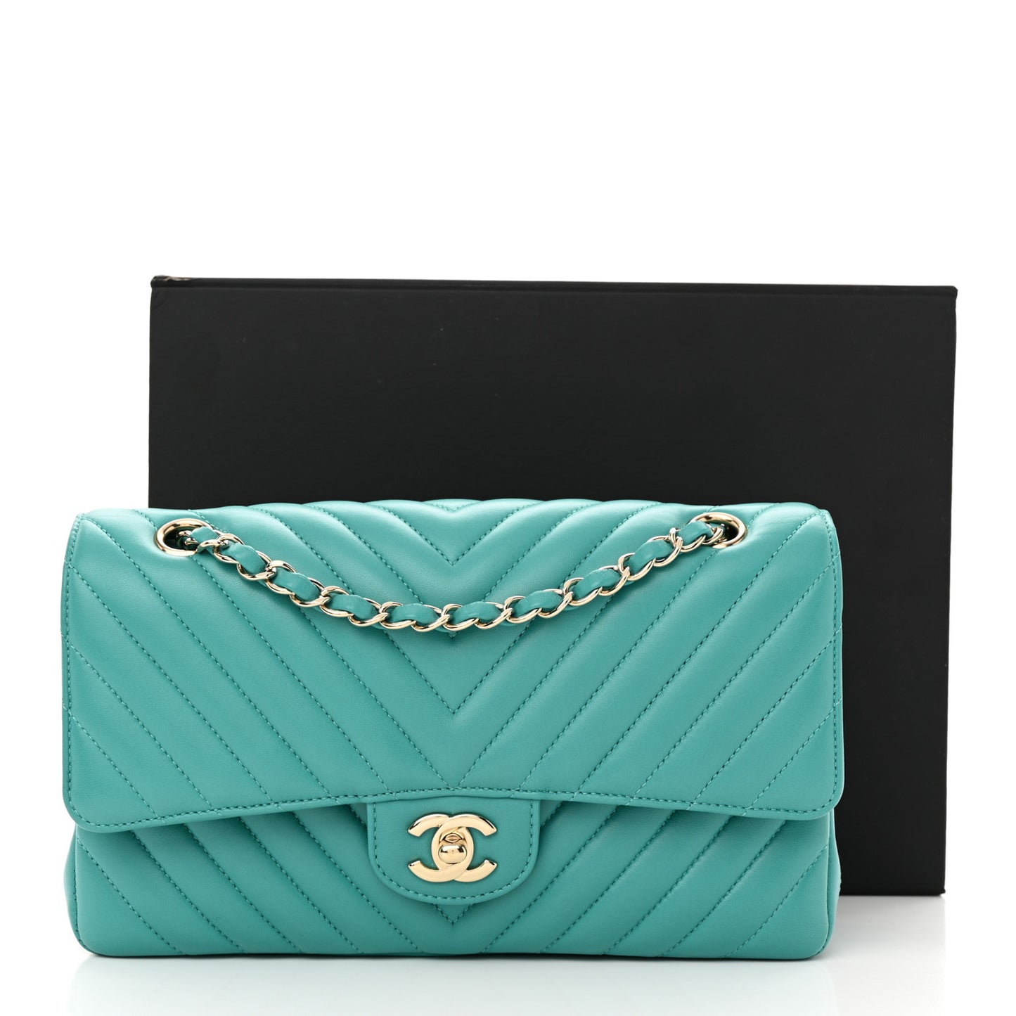 Lambskin Chevron Quilted Medium Double Flap Turquoise