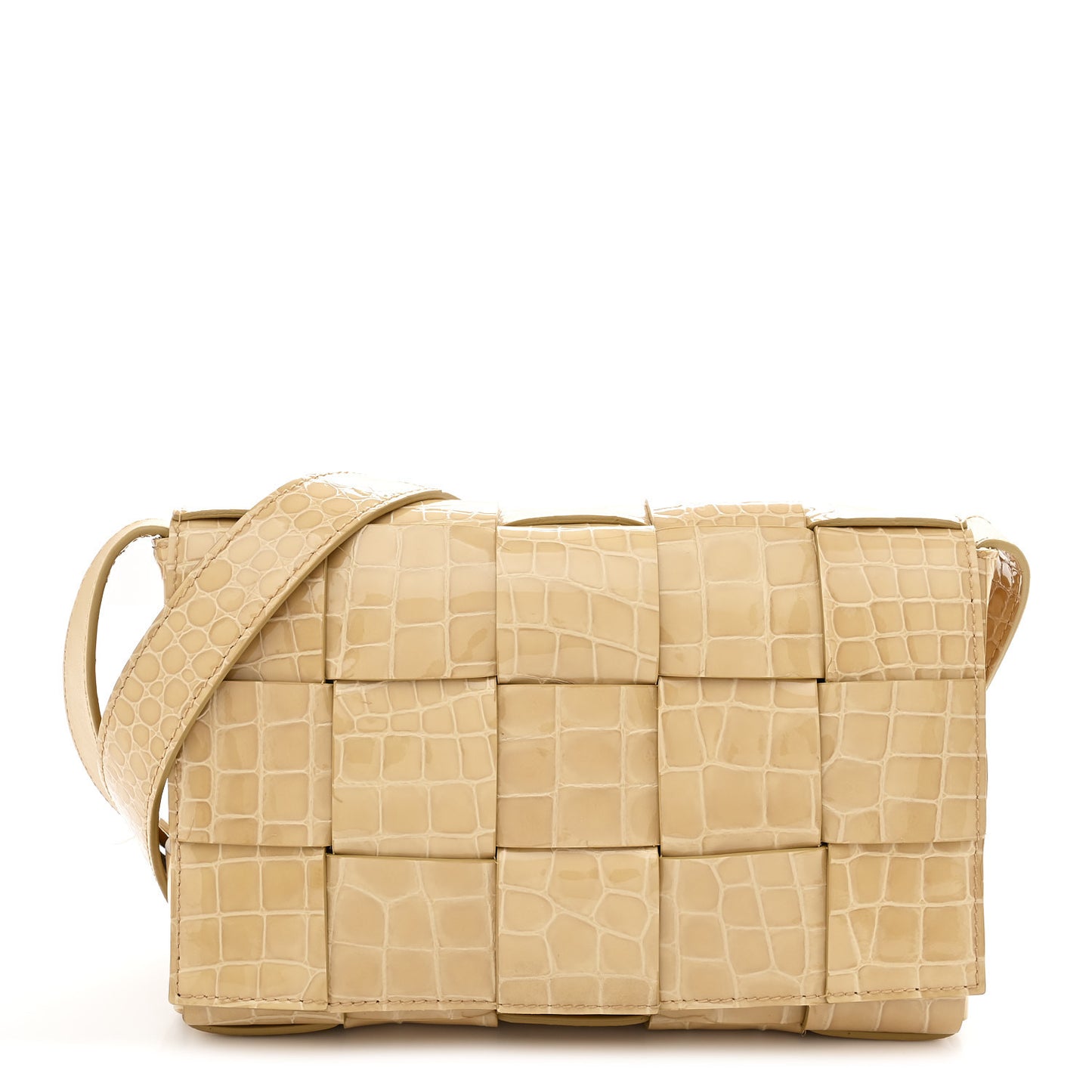 Gloss Calfskin Croc Embossed Intreccio Cassette Crossbody Bag Praline