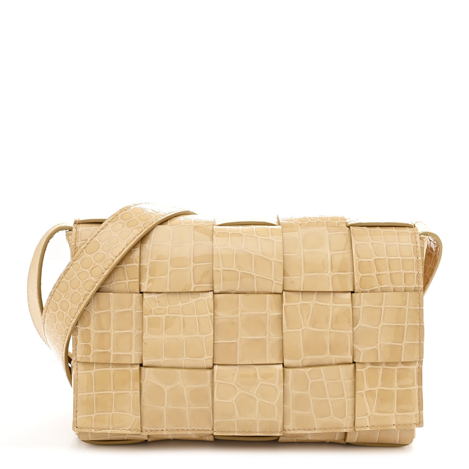Bottega Veneta Gloss Calfskin Croc Embossed Intreccio Cassette Crossbody Bag Praline 1 of 12
