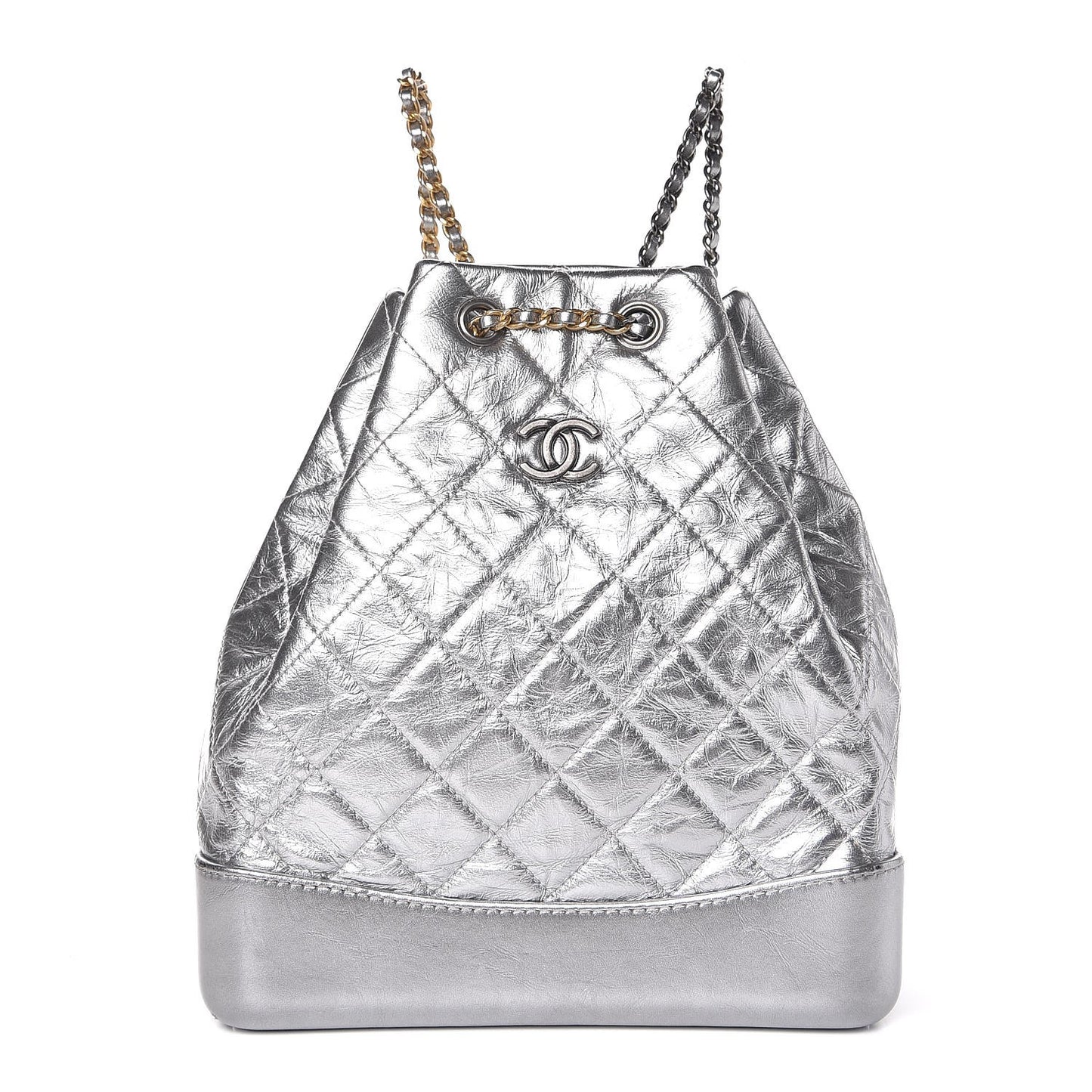 Metallic Crumpled Calfskin Quilted Gabrielle Backpack Silver