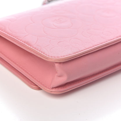 Chanel Lambskin Camellia Embossed Wallet On Chain WOC Pink 14 of 15