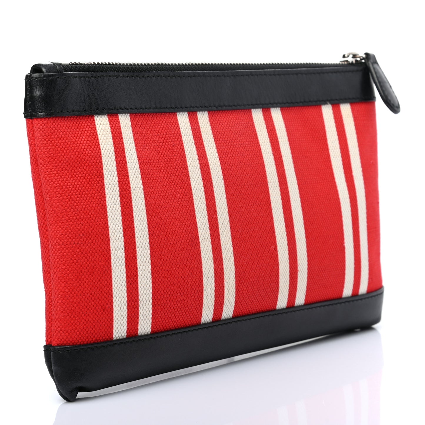 Calfskin Cotton Canvas Striped Logo Clutch Red
