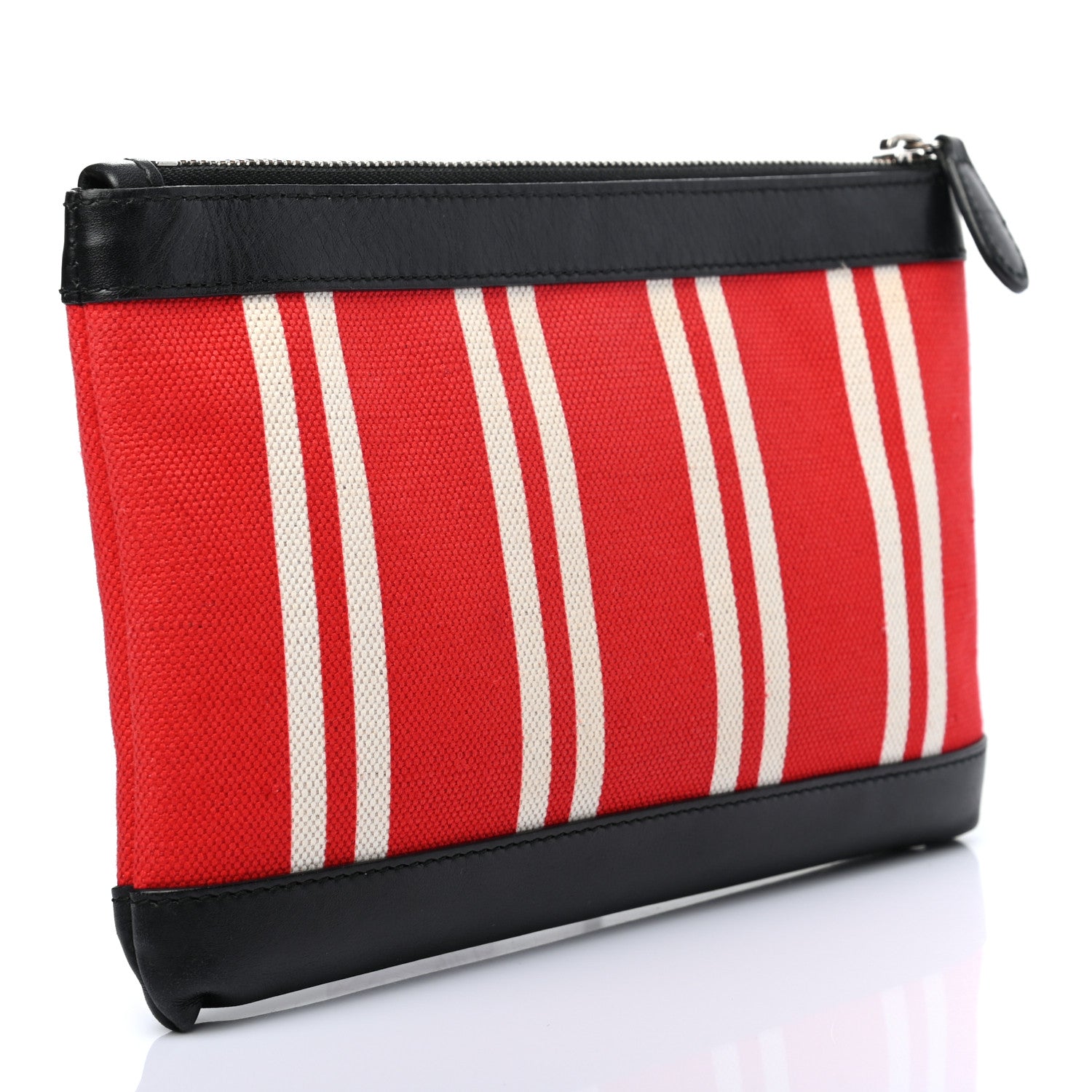Balenciaga Calfskin Cotton Canvas Striped Logo Clutch Red 3 of 8
