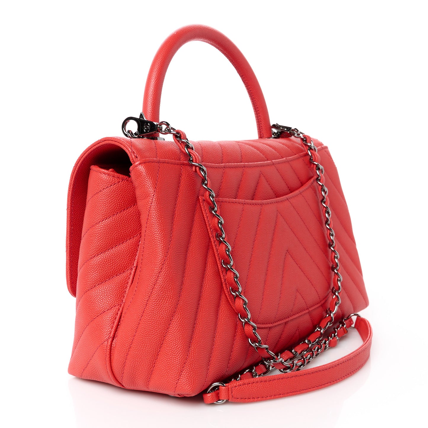 Caviar Chevron Quilted Small Coco Handle Flap Coral