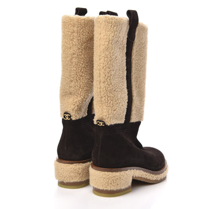Chanel Shearling Suede Calfskin High Boots 36.5 Brown Beige 4 of 9