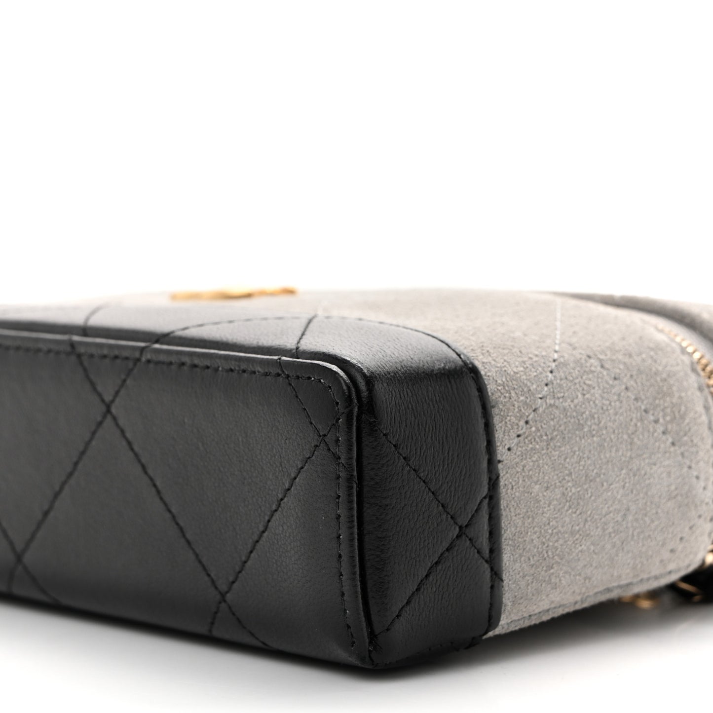 Suede Calfskin Shiny Lambskin Quilted Top Handle Slim Vanity Case With Chain Grey Black