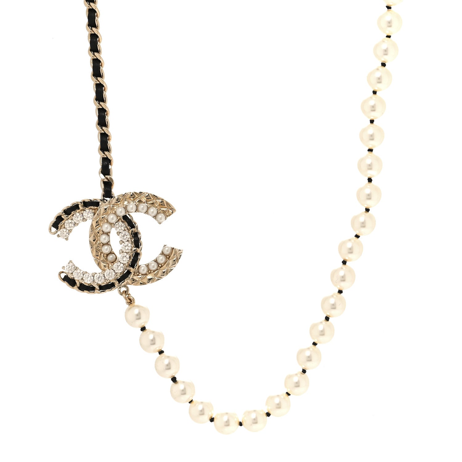 Chanel Lambskin Pearl Crystal CC Short Necklace Gold White Black 1 of 4