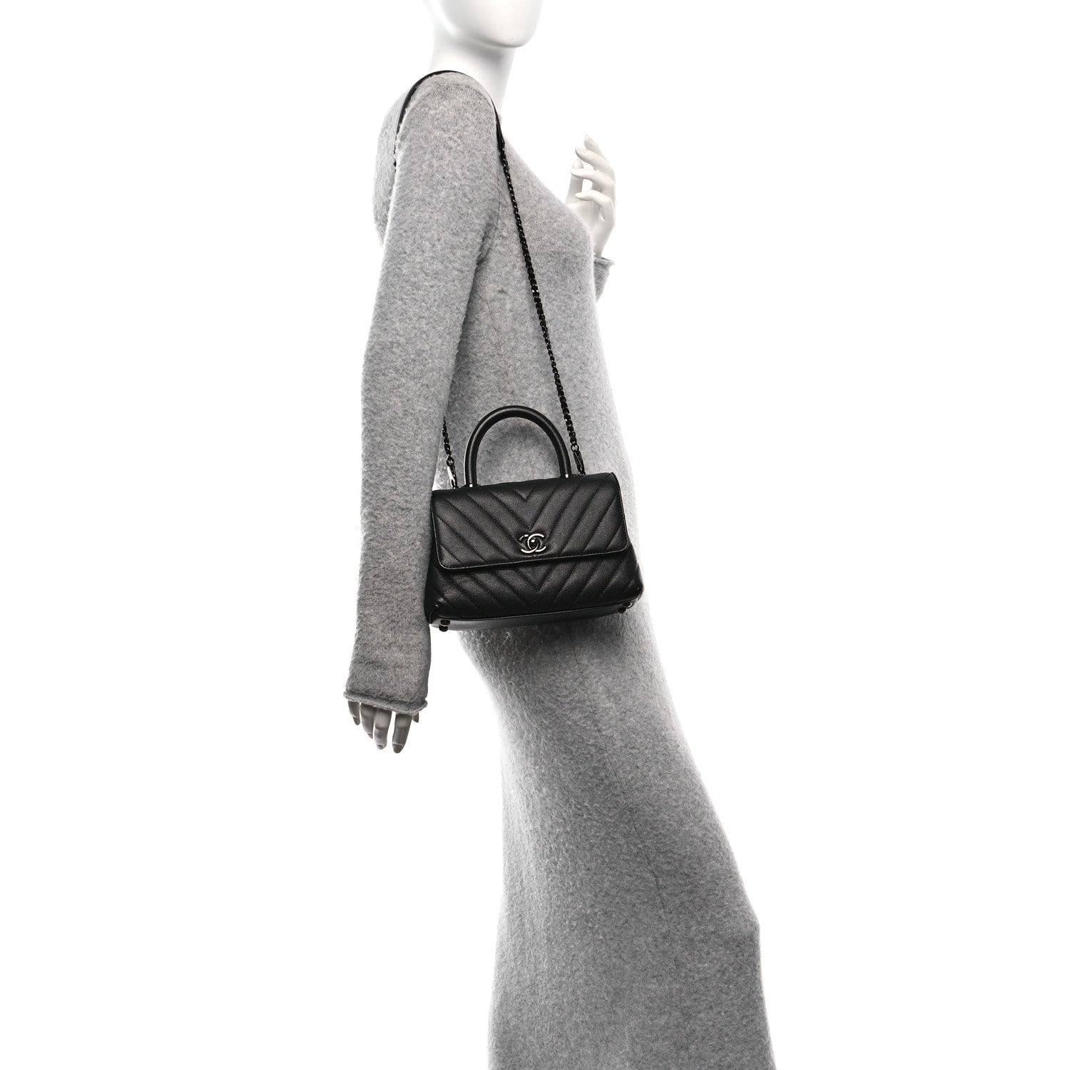 Chanel Caviar Chevron Quilted Mini Coco Handle Flap So Black 2 of 10