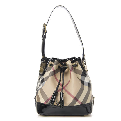 Burberry Patent Trim Nova Check Drawstring Bucket Bag Black 1 of 15