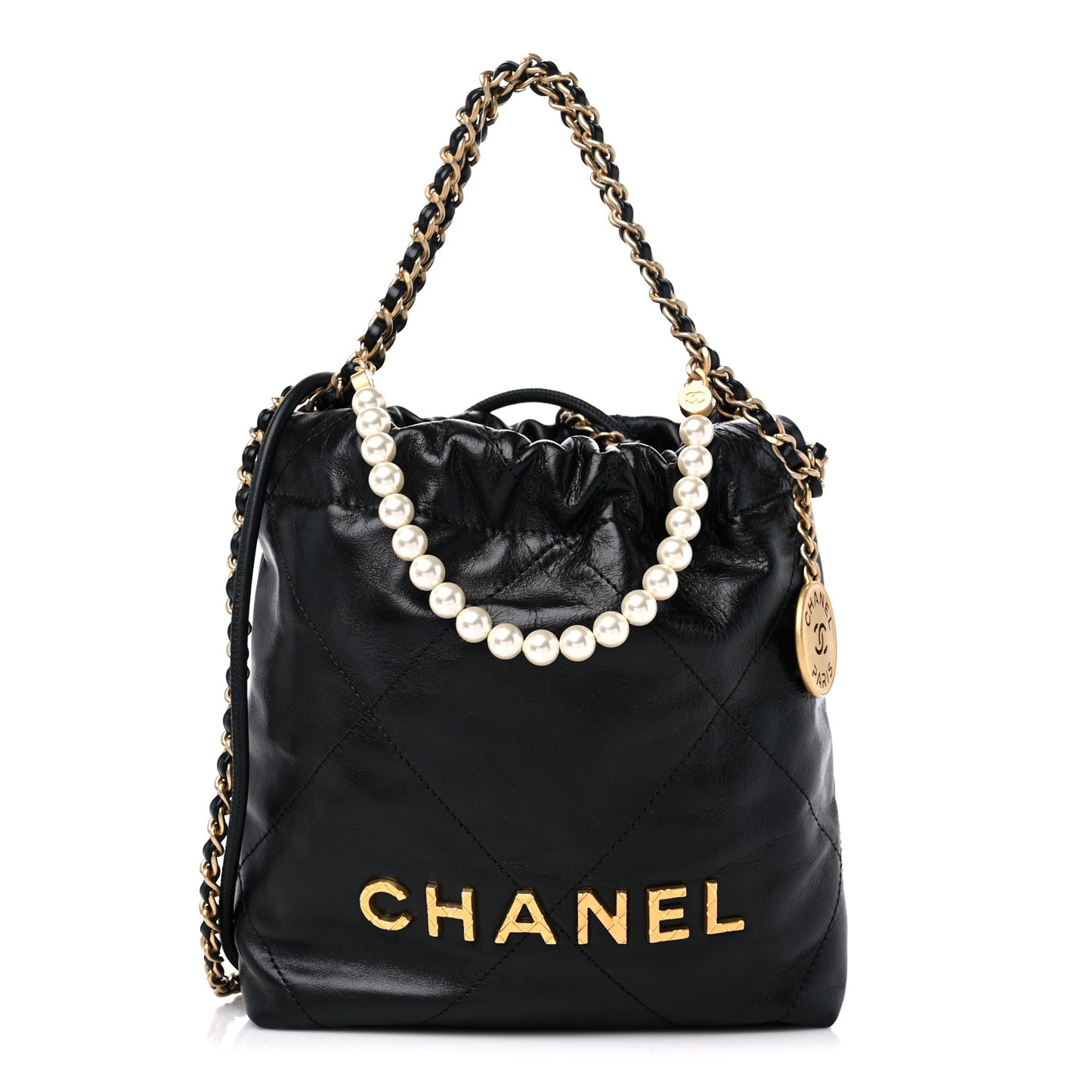 Shiny Crumpled Calfskin Quilted Pearl Mini Chanel 22 Black