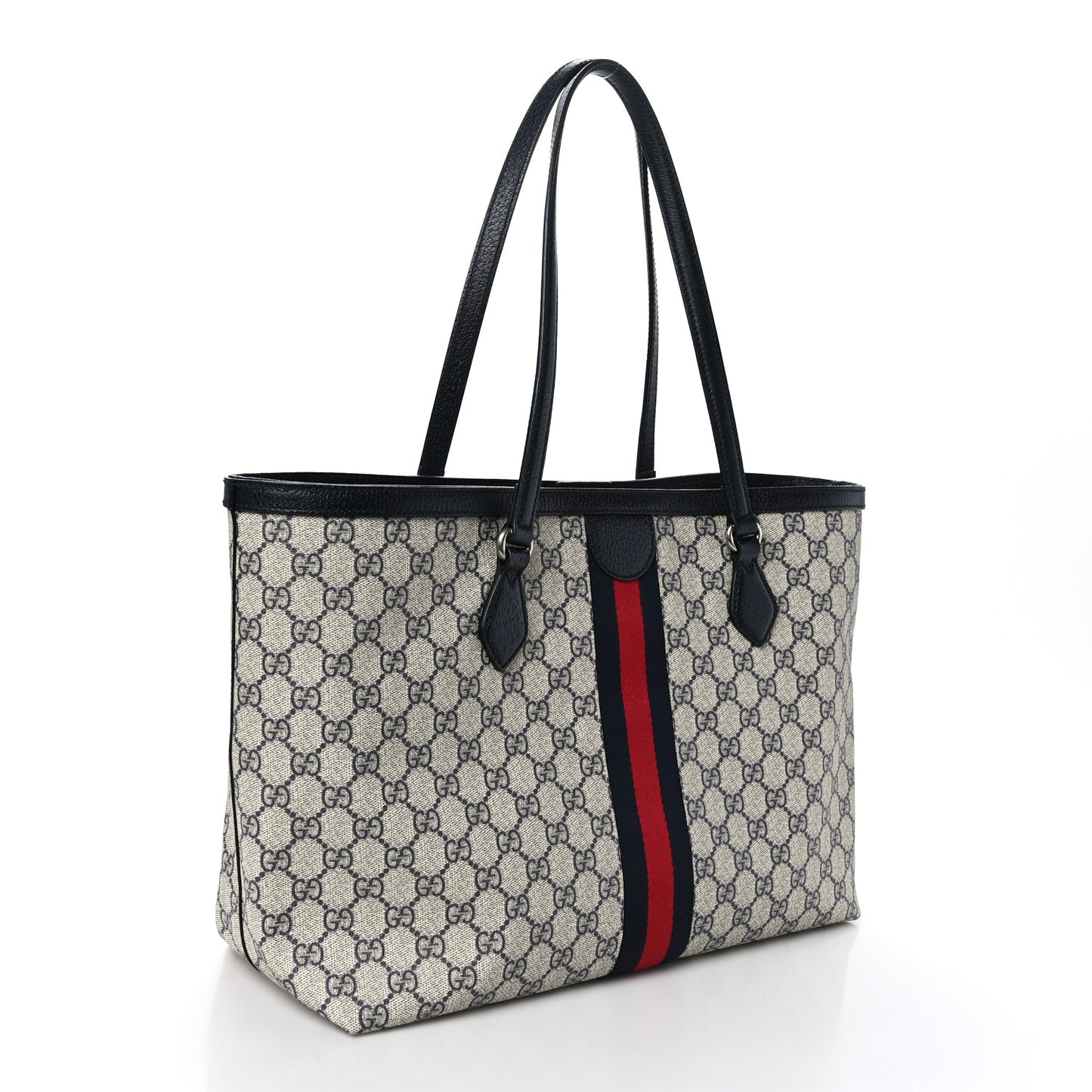 GG Supreme Monogram Textured Calfskin Web Medium Ophidia Shopping Tote Beige Blue