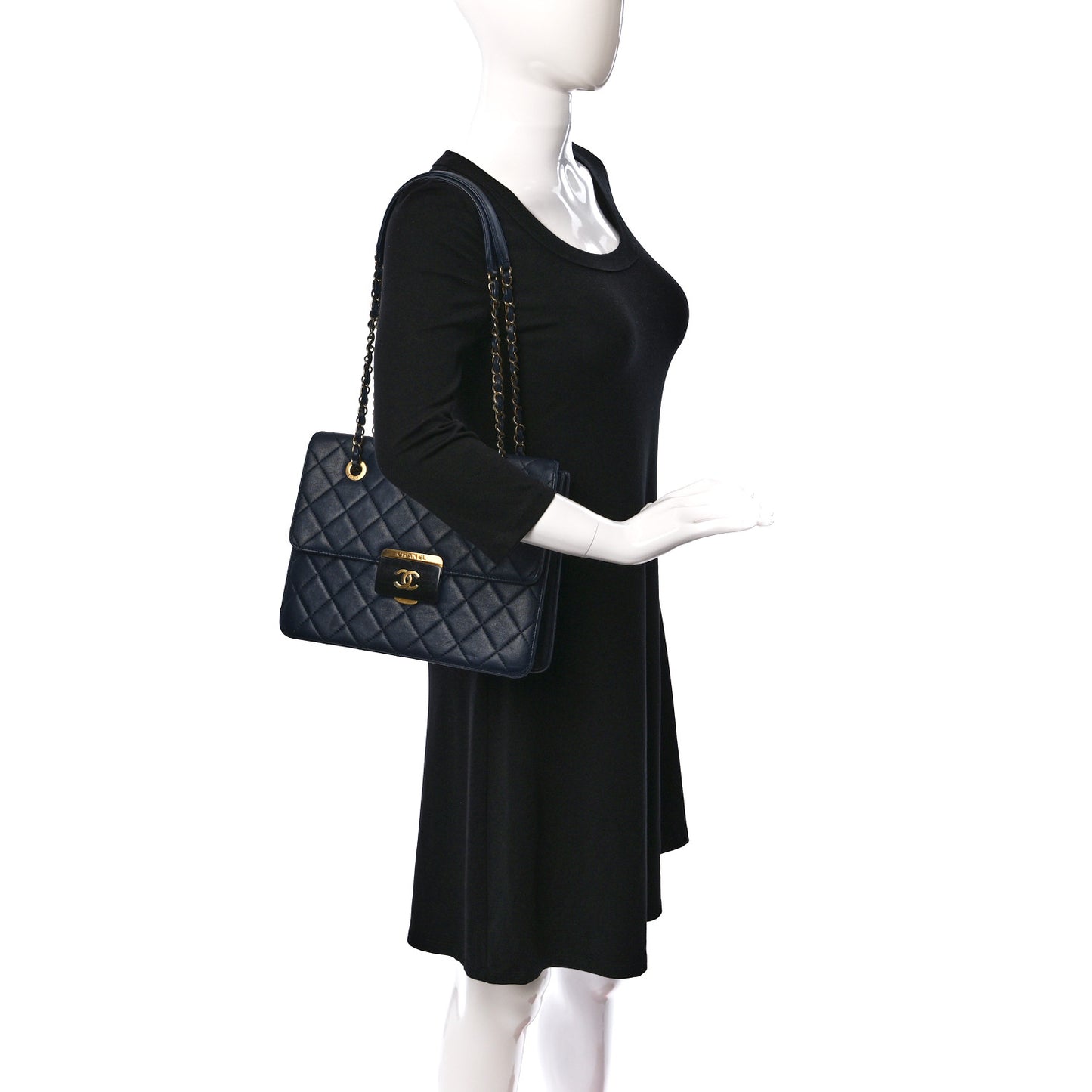 Sheepskin Quilted Small Beauty Lock Shopping Tote Navy Blue