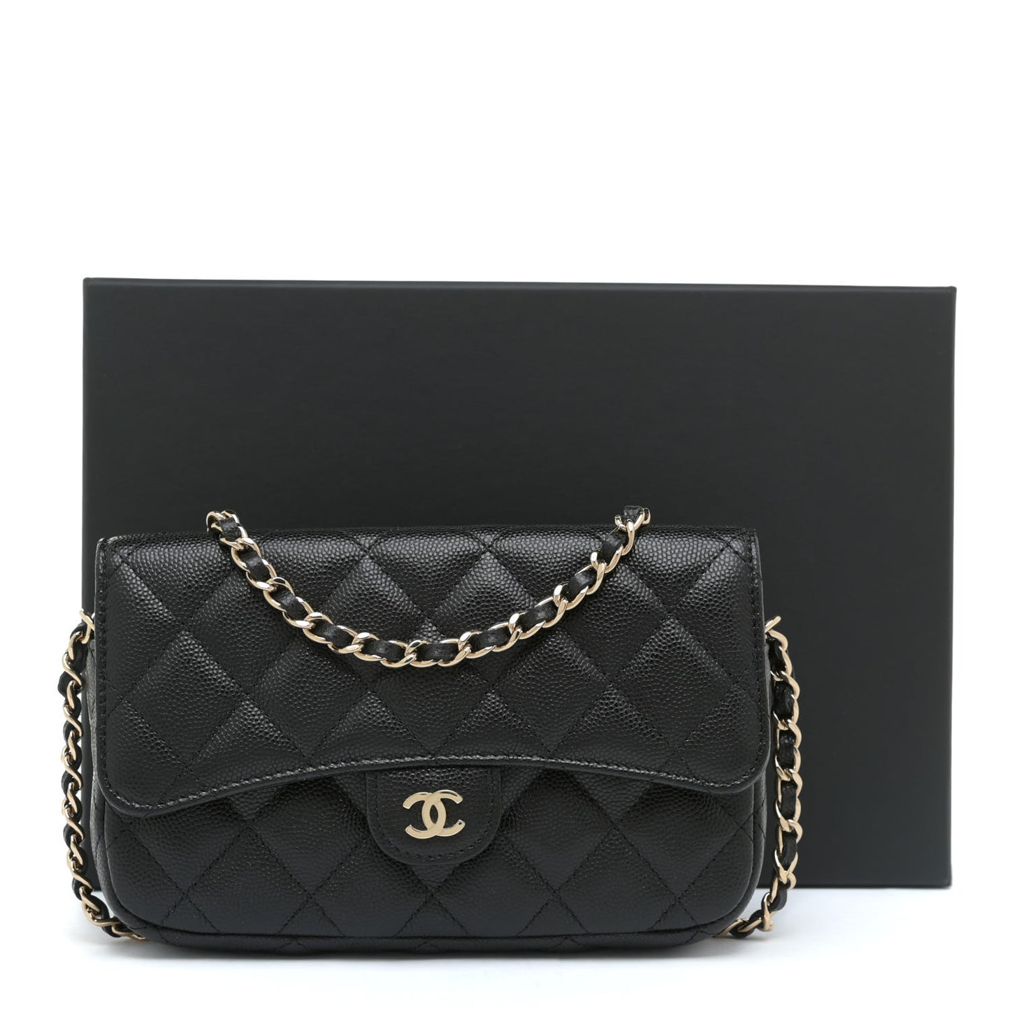 Caviar Quilted Flap Phone Holder With Chain Black
