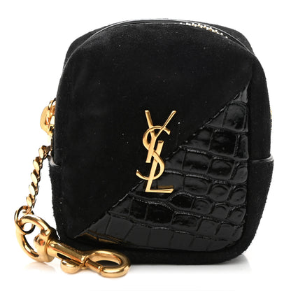 Saint Laurent Suede Patent Crocodile Embossed Jaime Cube Charm Keychain Black 1 of 6