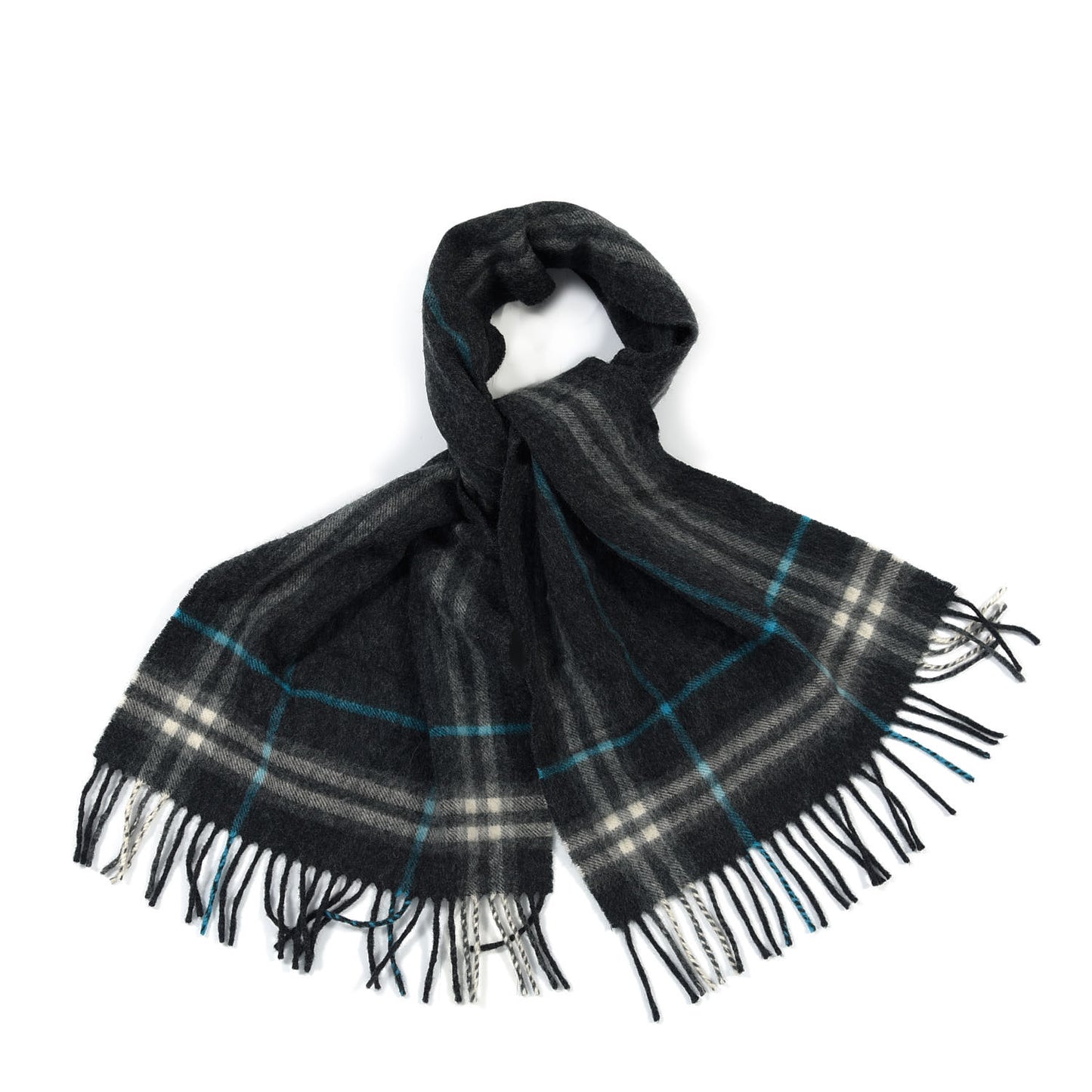 Wool Cashmere Check Striped Fringe Scarf Dark Grey