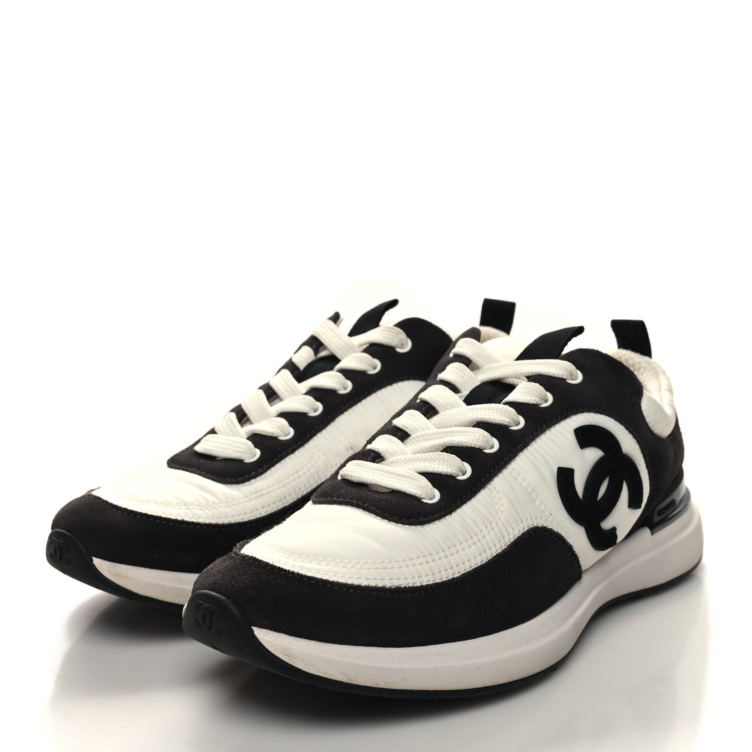 Chanel Nylon Suede Calfskin CC Sneakers 37.5 White Black 3 of 8