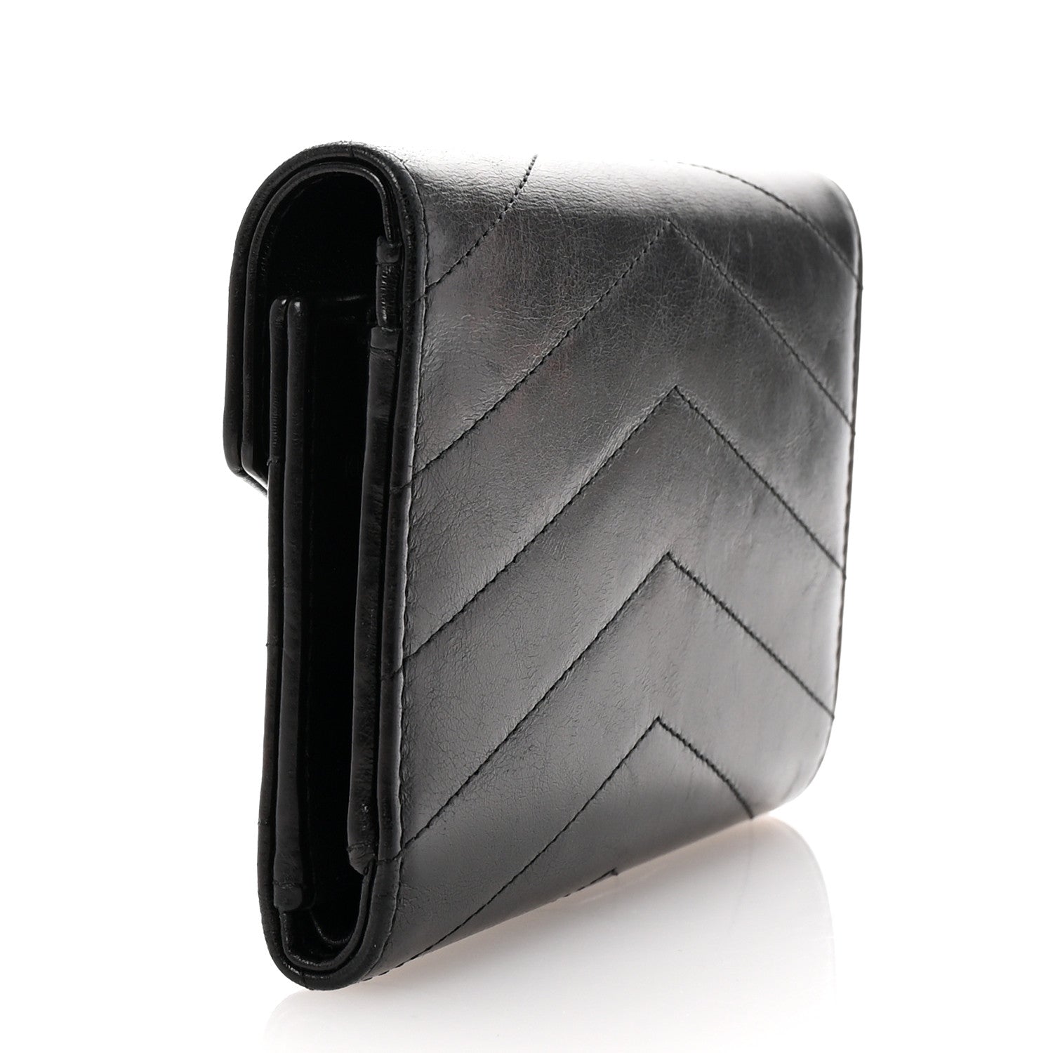 Chanel Calfskin Chevron Quilted Medal Flap Wallet Black 3 of 8