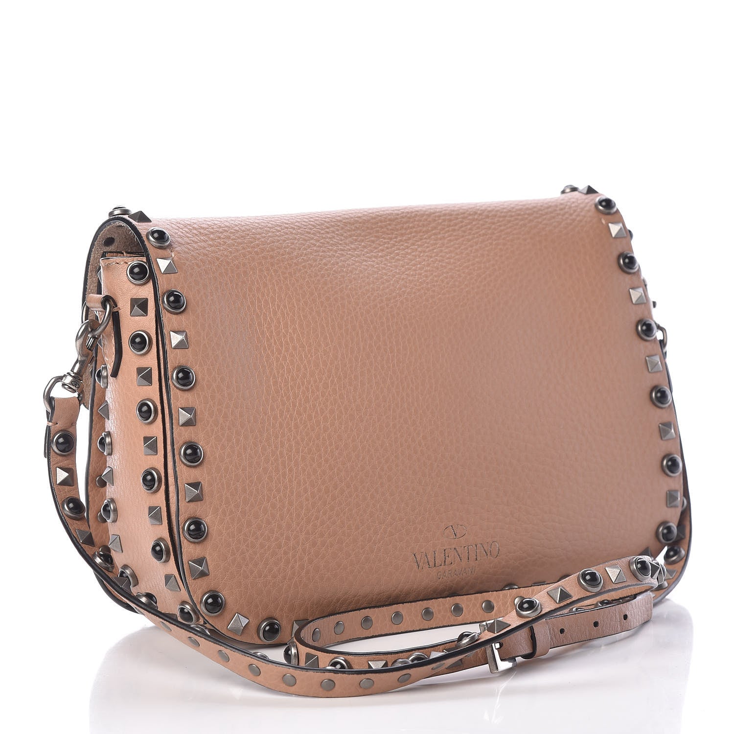 Valentino Garavani Pebbled Calfskin Medium Rockstud Rolling Flap Saddle Bag Soft Noisette 3 of 14