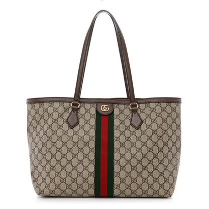 Gucci GG Supreme Monogram Textured Calfskin Web Medium Ophidia Shopping Tote Beige Ebony New Acero 1 of 10