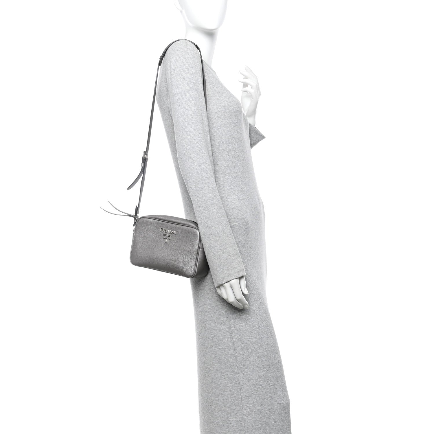 Prada Metallic Vitello Daino Camera Crossbody Bag Acciaio 2 of 12