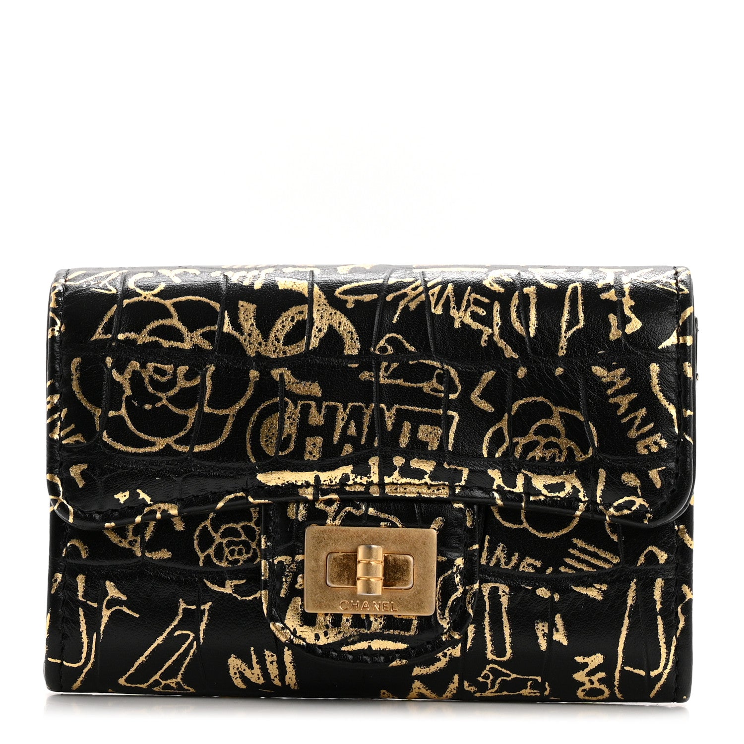 Chanel Calfskin Crocodile Embossed Graffiti 2.55 Cocodile Reissue Flap Card Holder Black Gold 1 of 9