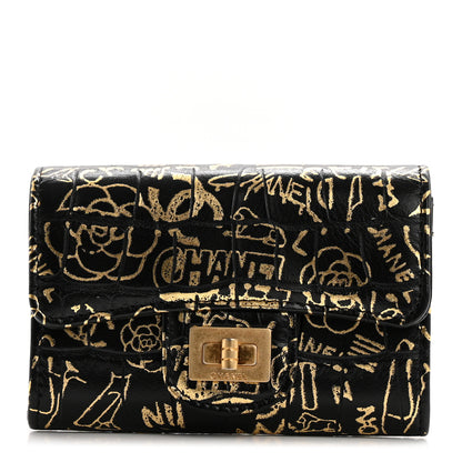 Chanel Calfskin Crocodile Embossed Graffiti 2.55 Cocodile Reissue Flap Card Holder Black Gold 1 of 9