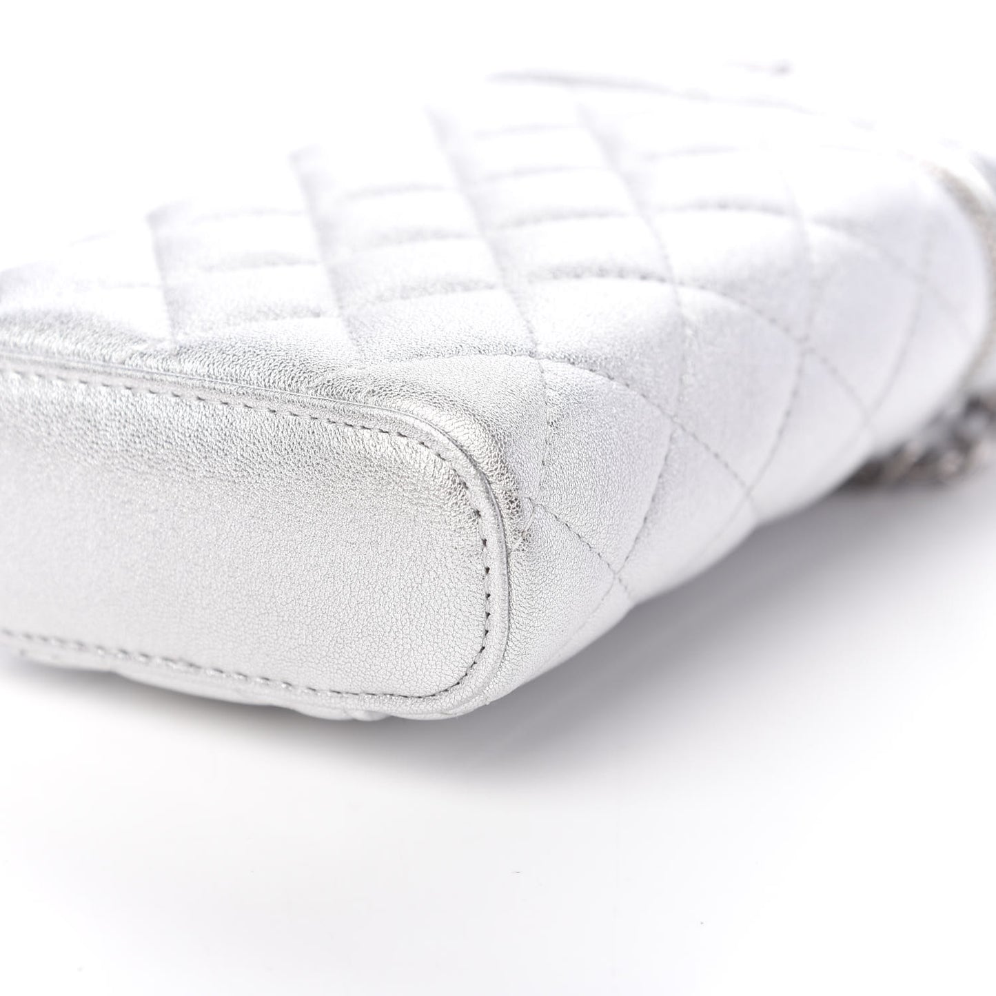 Metallic Lambskin Quilted Phone Holder With Chain Silver