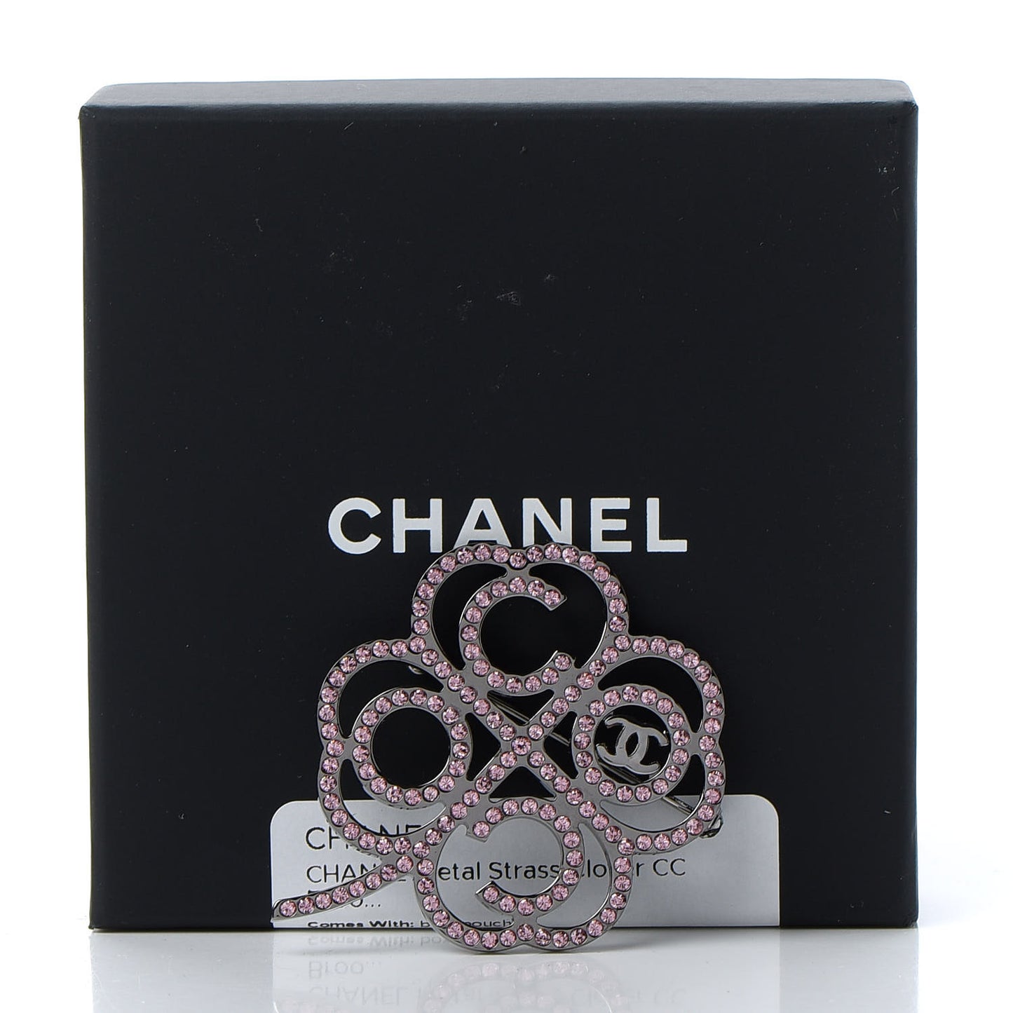 Metal Strass Clover CC Brooch Pink Ruthenium