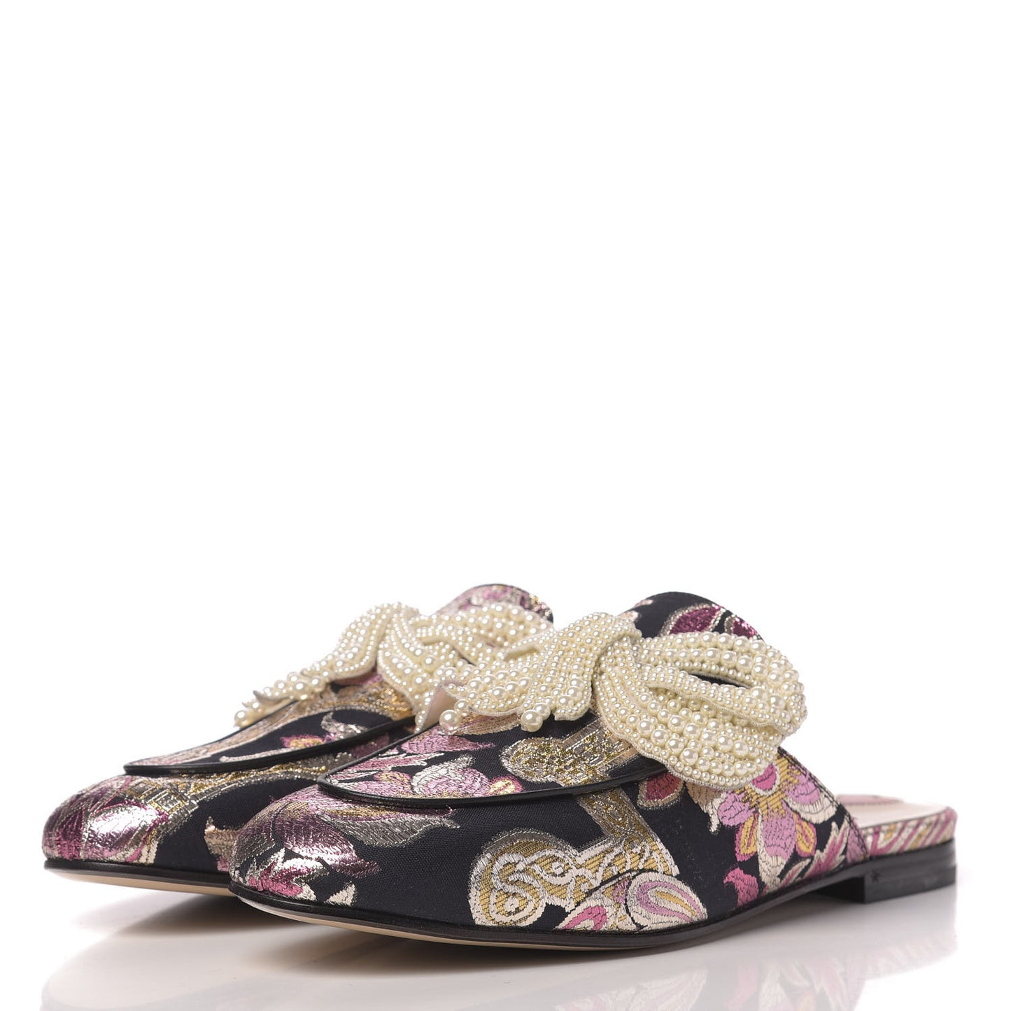 Iridescent Brocade Pearl Bow Womens Princetown Slippers 39.5 Black Pink
