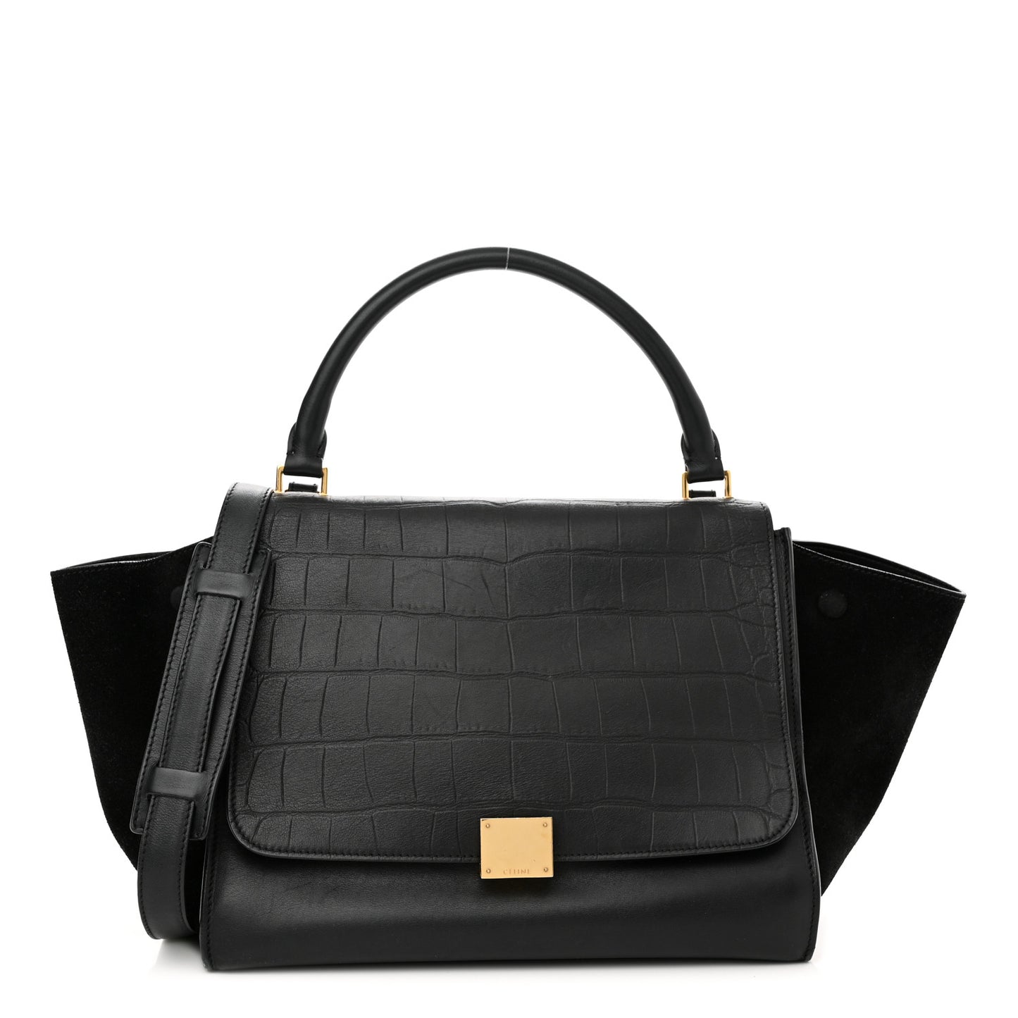 Crocodile Embossed Calfskin Suede Medium Trapeze Black